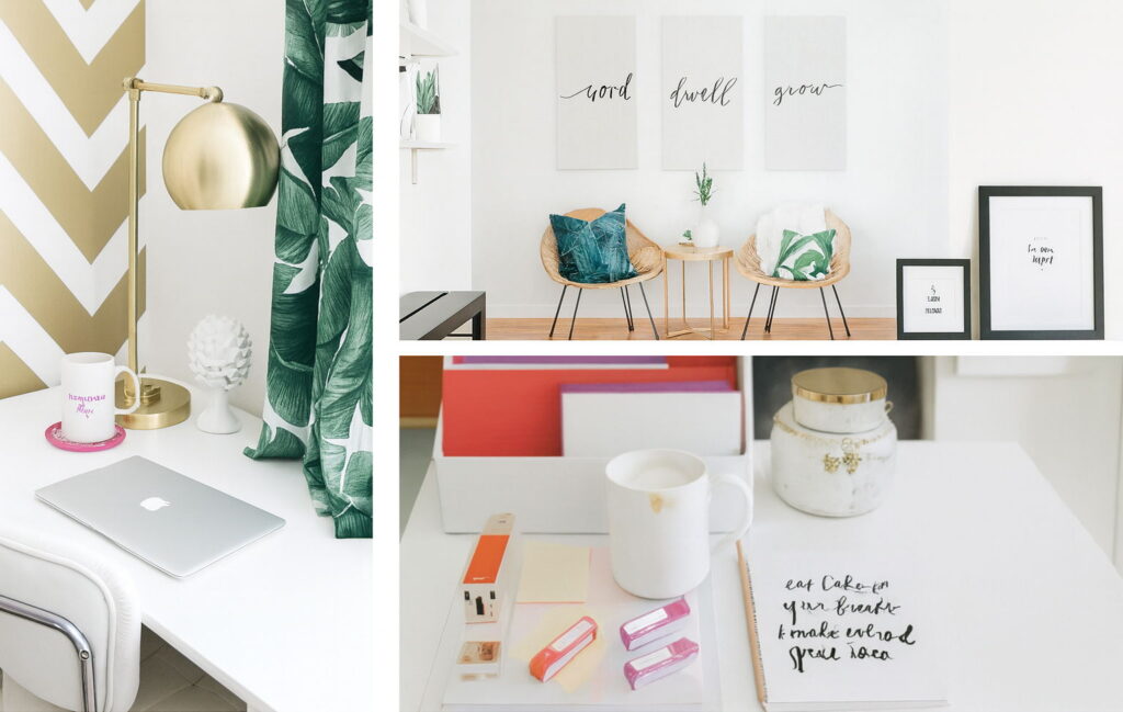 Інтер’єр сучасного робочого простору з рослинами, картинами, органайзерами і аксесуарами для офісу.