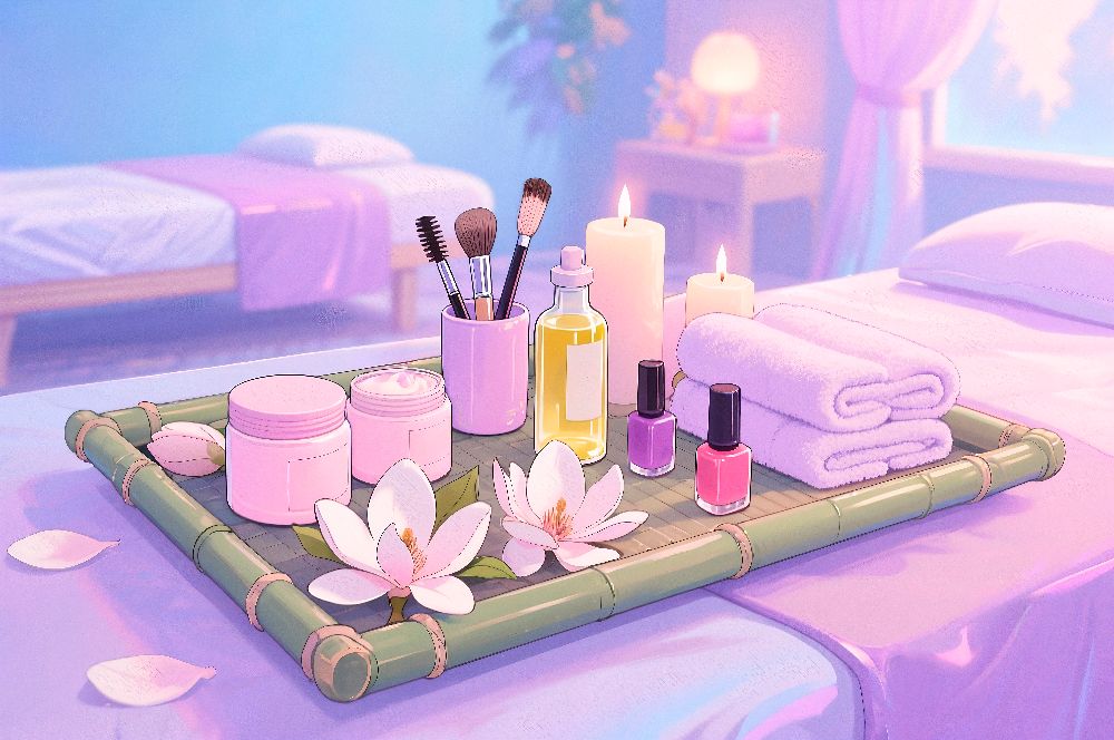 Набір косметичних засобів і аксесуарів для б’юті-процедур у спа-салоні: креми, олії, пензлі, рушники та ароматичні свічки.