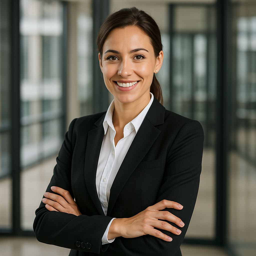 Портрет бізнесвумен у сучасному офісі, жінка у діловому костюмі з усмішкою