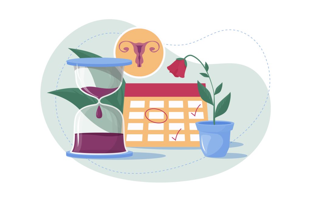 Ілюстрація, що зображує менструальний цикл, пісочний годинник, календар з позначеними днями та квітучу рослину. Це символізує зв'язок між часом, здоров'ям жінки та циклічними процесами.