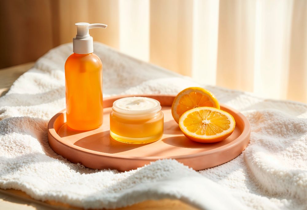 Набір засобів для догляду за шкірою з цитрусовими інгредієнтами: крем, лосьйон та апельсин на теплому рушнику.