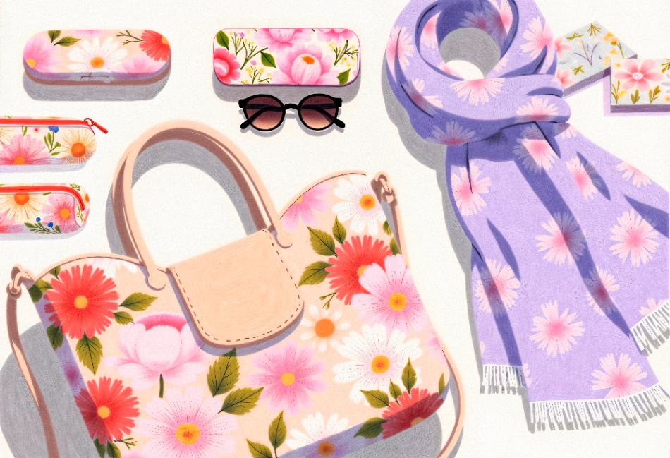 Сезонні модні аксесуари з квітковими принтами: сумка, шарф, футляри та косметички у трендових весняних кольорах.