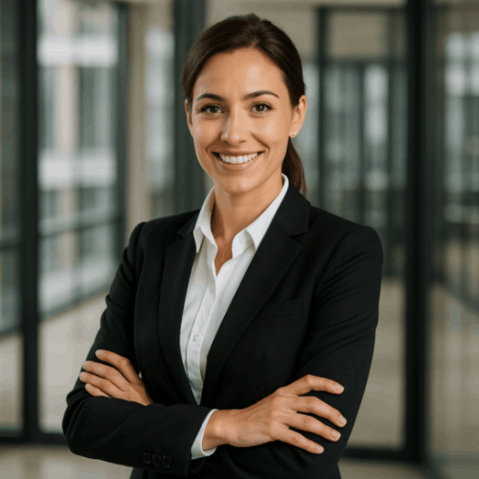 Портрет бізнесвумен у сучасному офісі, жінка у діловому костюмі з усмішкою