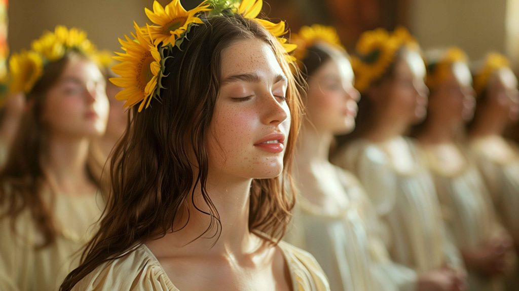 "Група жінок, одягнених у світлі сукні, з вінками з соняхів на головах, що сидять в затишному приміщенні. Одна з жінок на передньому плані з закритими очима, спокійно усміхається, відчуваючи гармонію. Це зображення символізує важливість психічного здоров'я та внутрішнього спокою жінок.