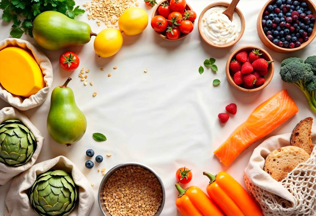 Різноманітні свіжі овочі та фрукти, розташовані на білому фоні. На зображенні видно манго, груші, лимони, помідори, йогурт, суницю, чорницю, броколі, болгарські перці, артишоки, насіння та шматок червоної риби. Все це оточене хлібними шматочками в сітчастому пакеті. Зображення символізує здорове харчування та багатство натуральних продуктів.