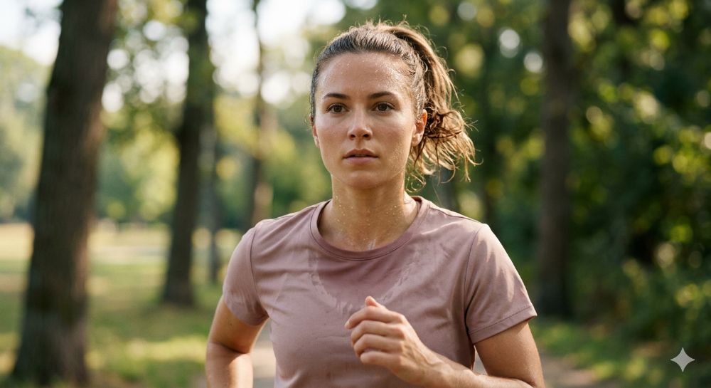 Close-up of Athlete Perspiring During Outdoor Run Human Thermoregulation in Action