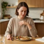 Дівчина за обіднім столом практикує усвідомлене споживання їжі.