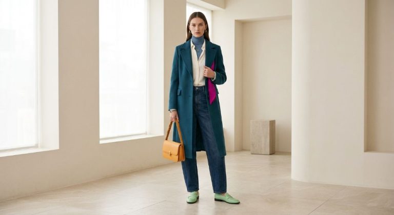 A woman models a teal coat