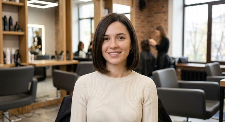 Smiling woman with a short bob in a hair salon.