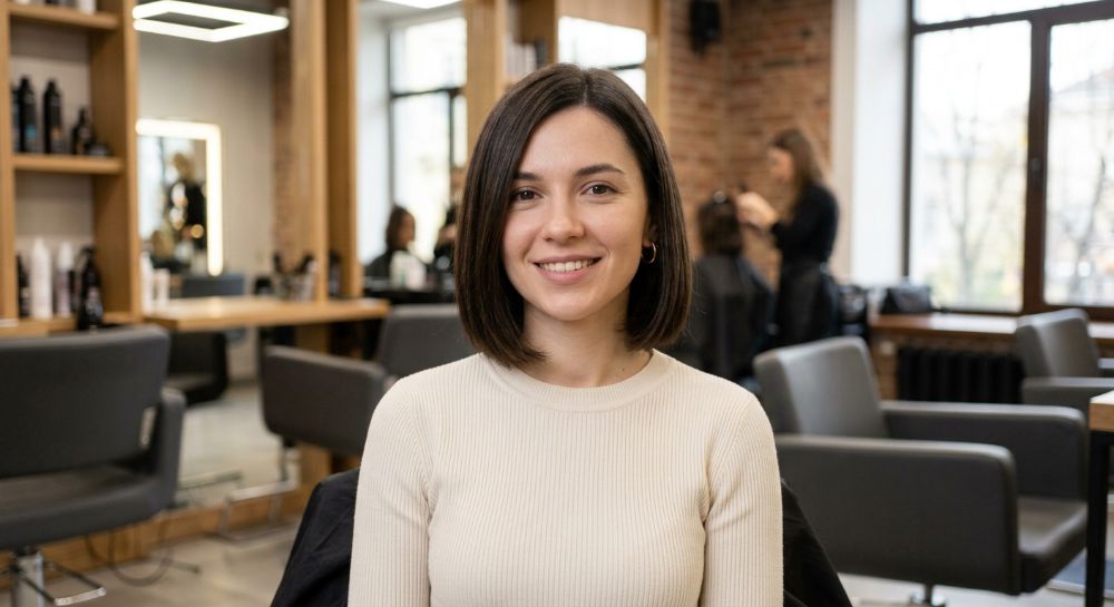 Smiling woman with a short bob in a hair salon.