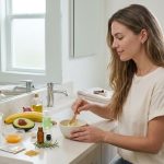 Woman mixes a DIY hair mask in a bright bathroom.