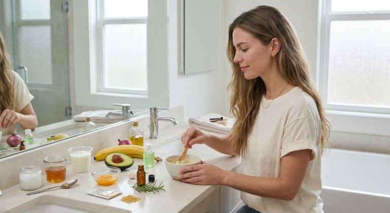 Woman mixes a DIY hair mask in a bright bathroom.