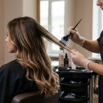 Стиліст фарбує пасмо волосся клієнтки в техніці балаяж